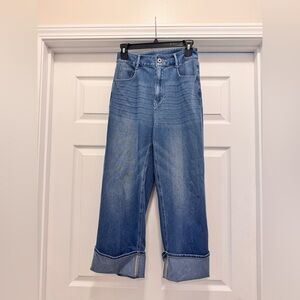 HALARA Flex Hi Waist Pockets Rolled Hem Wide Leg Washed Casual Jeans Blue Denim